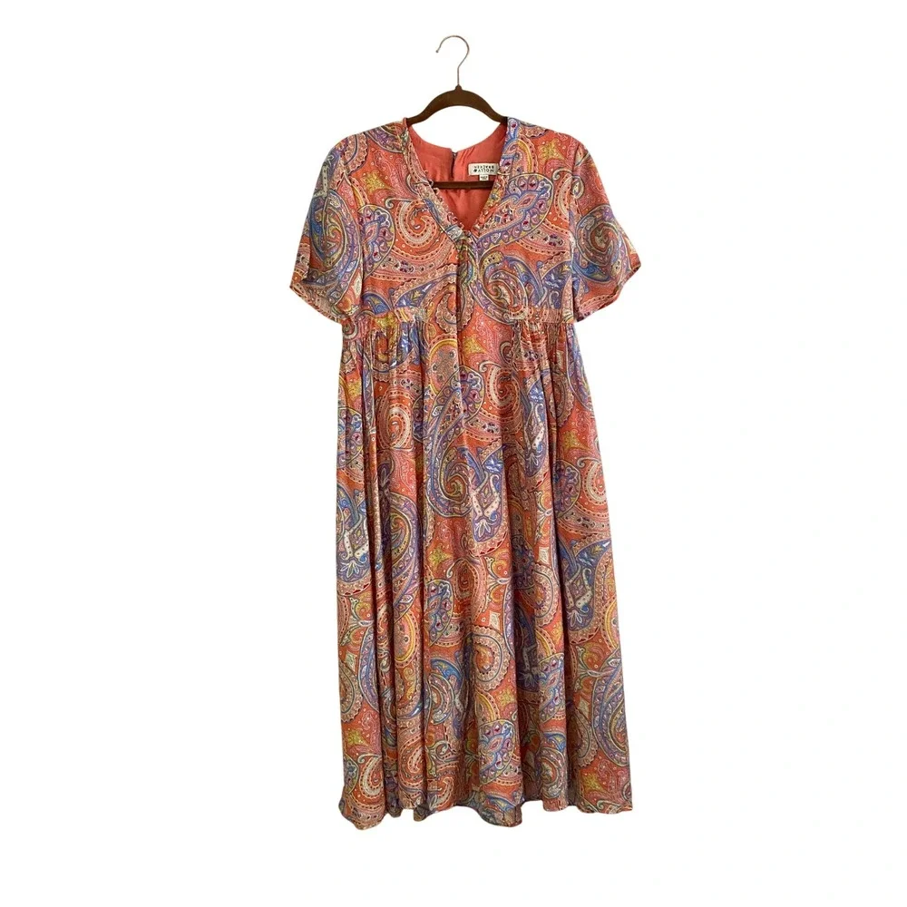 Molly Bracken Paisley V-Neck Midi Dress Coral L Boho Upside‎ Down Label